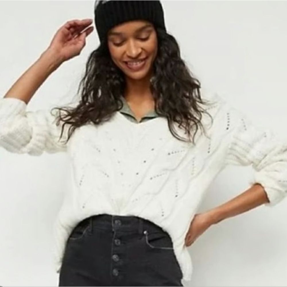 Anthropologie Ramona Cable-knit V-neck Sweater Size Small In Ivory